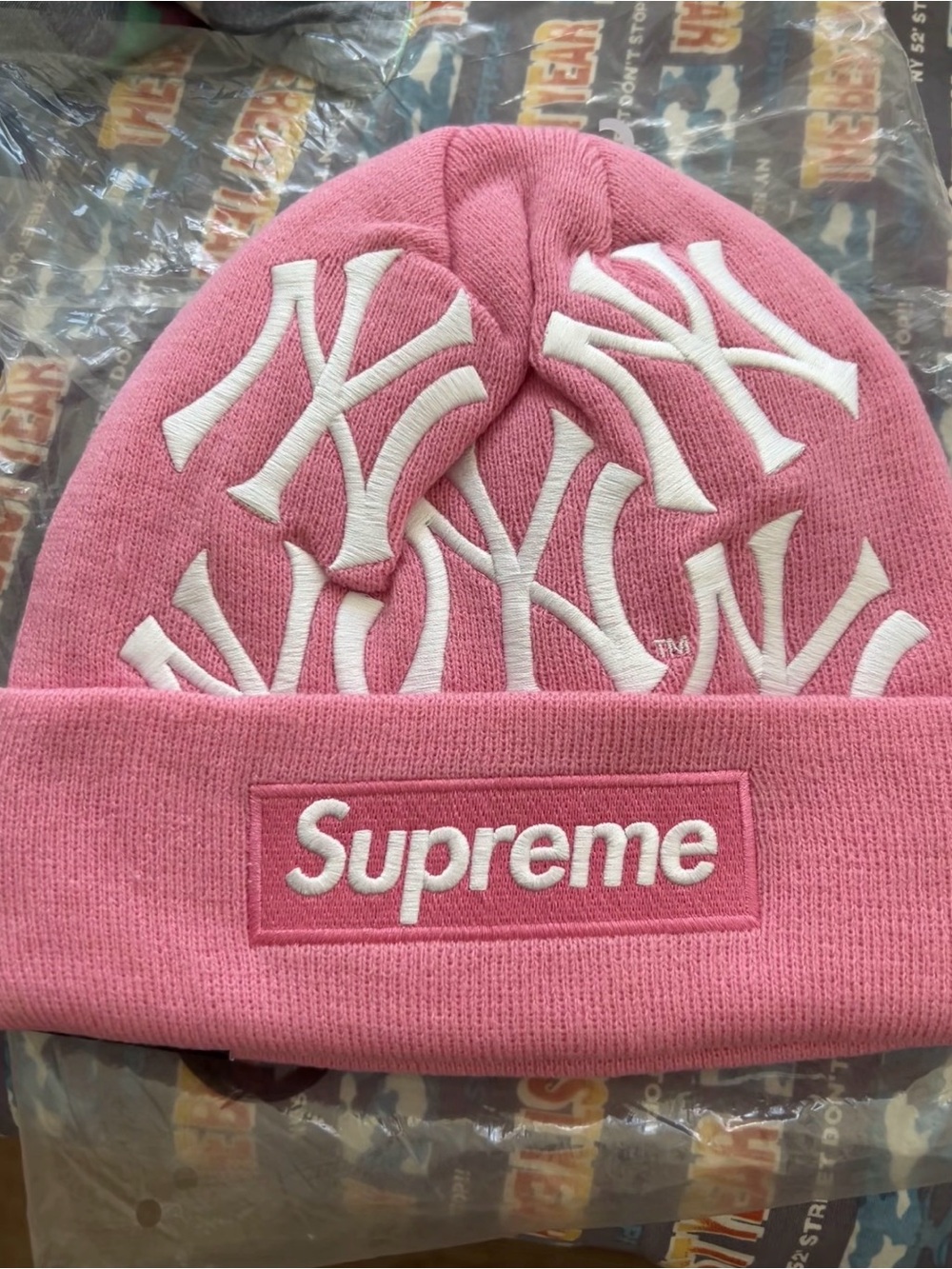 Supreme Pink Knit Beanie with White NY Logos